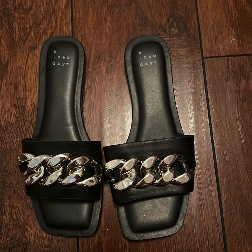 Black slides with gold chain